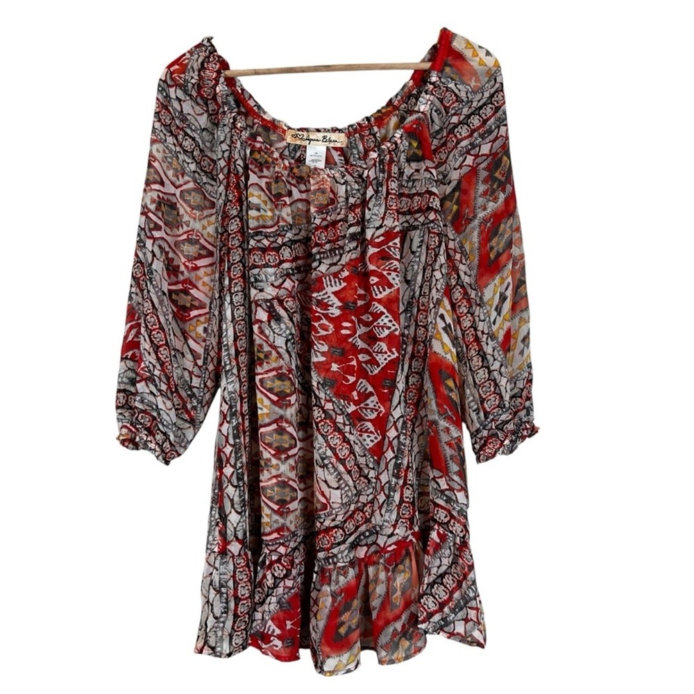 Aqua Blues Tunic Top Womens 1X Red Sheer Chiffon Tiered Y2K Boho Southwestern